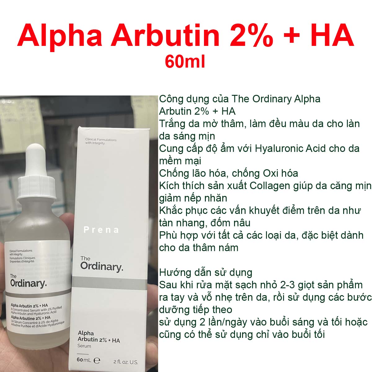 Tinh chất dưỡng trắng mờ thâm nám The Ordinary Alpha Arbutin 2% + HA 60ml