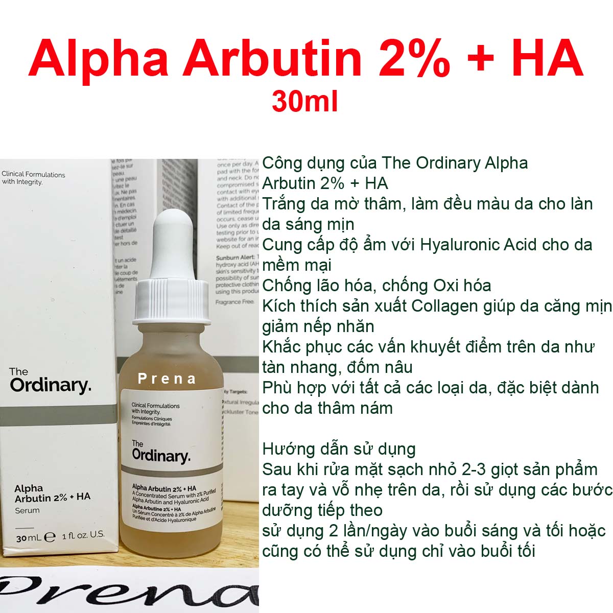 Alpha Arbutin 2% + HA 30ml Tinh chất dưỡng trắng mờ thâm nám The Ordinary